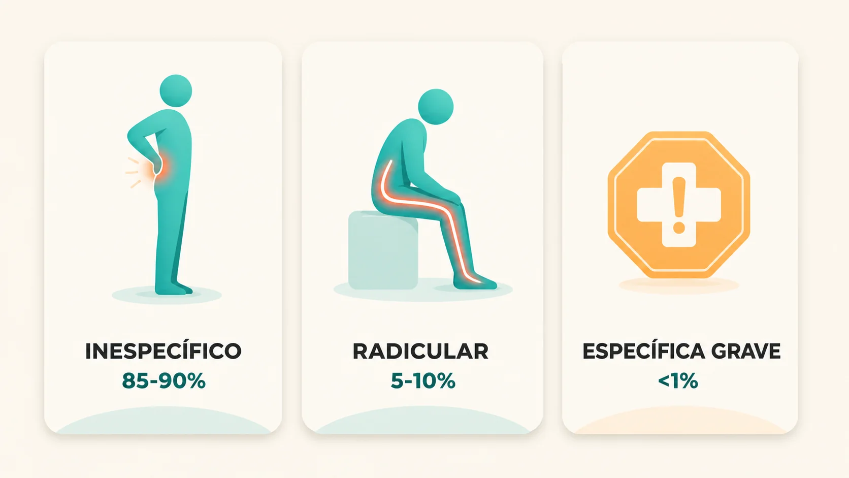Distribución de las categorías de dolor lumbar: 85-90% inespecífico, 5-10% radicular y menos del 1% causa específica grave, ilustradas en estilo editorial amigable