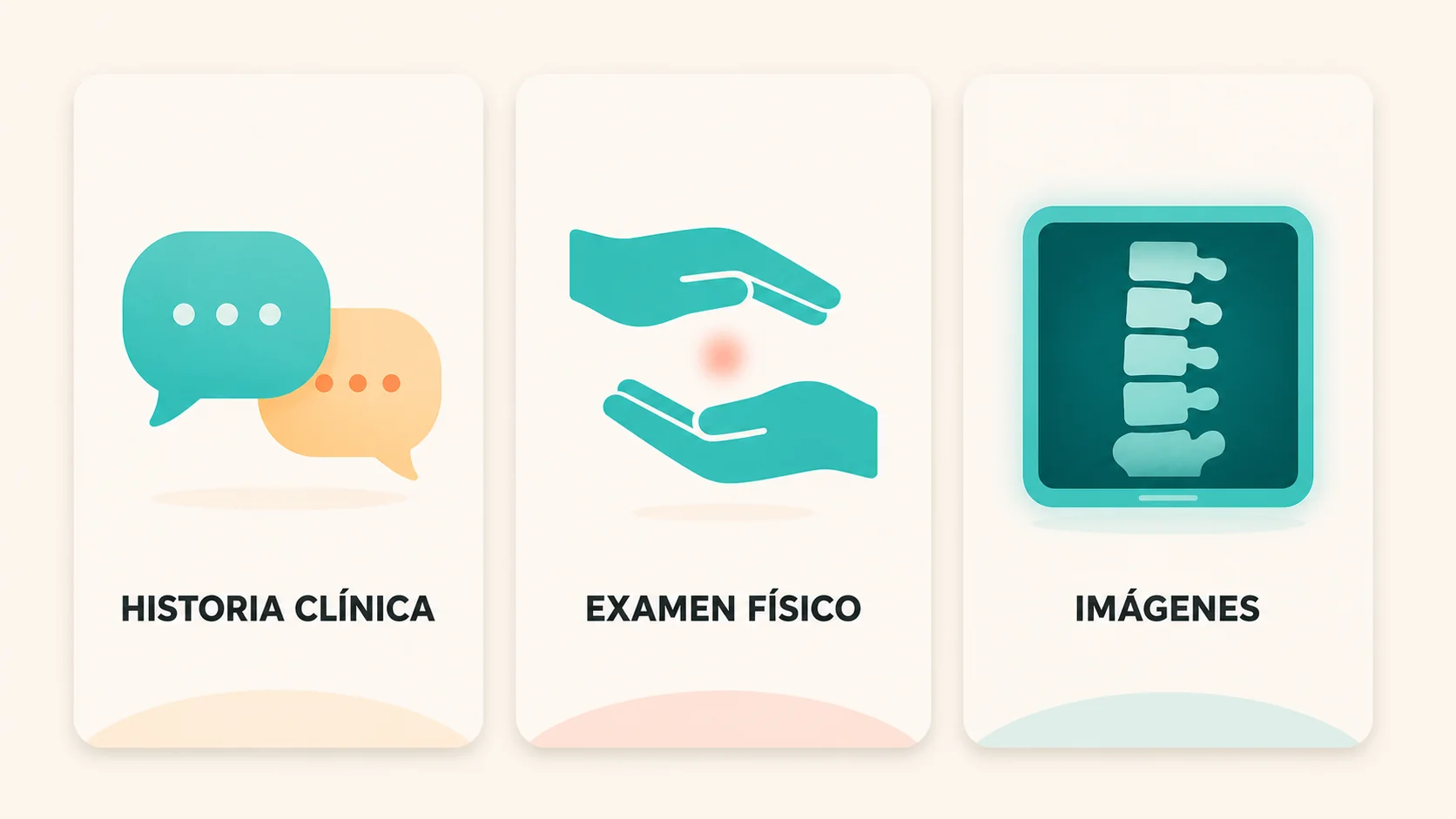 Los tres pilares del diagnóstico del dolor lumbar: historia clínica, examen físico e imágenes, ilustrados en estilo editorial amigable