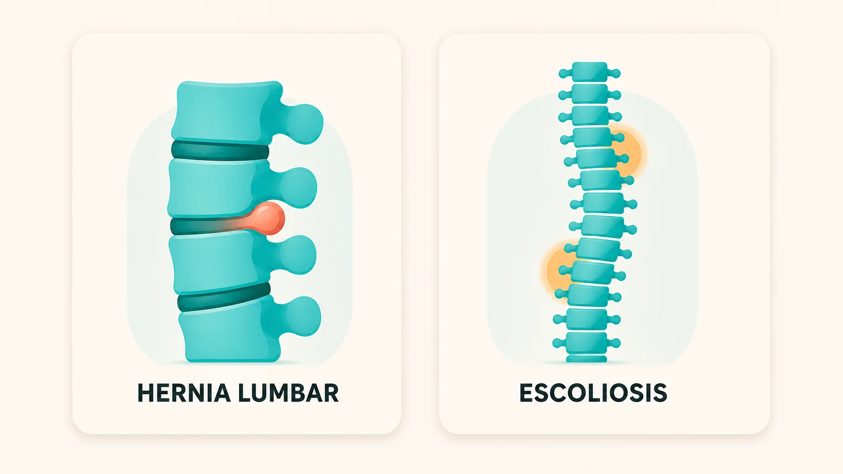 Las dos patologías de columna cubiertas por el GES/AUGE: hernia del núcleo pulposo lumbar y escoliosis en menores de 25 años, ilustradas en estilo editorial amigable