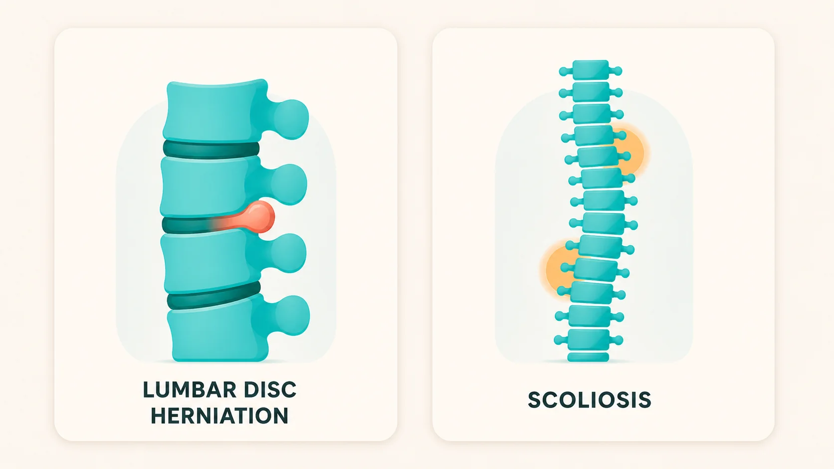 The two spine conditions covered by GES/AUGE: lumbar herniated nucleus pulposus and scoliosis in patients under 25, illustrated in friendly editorial style