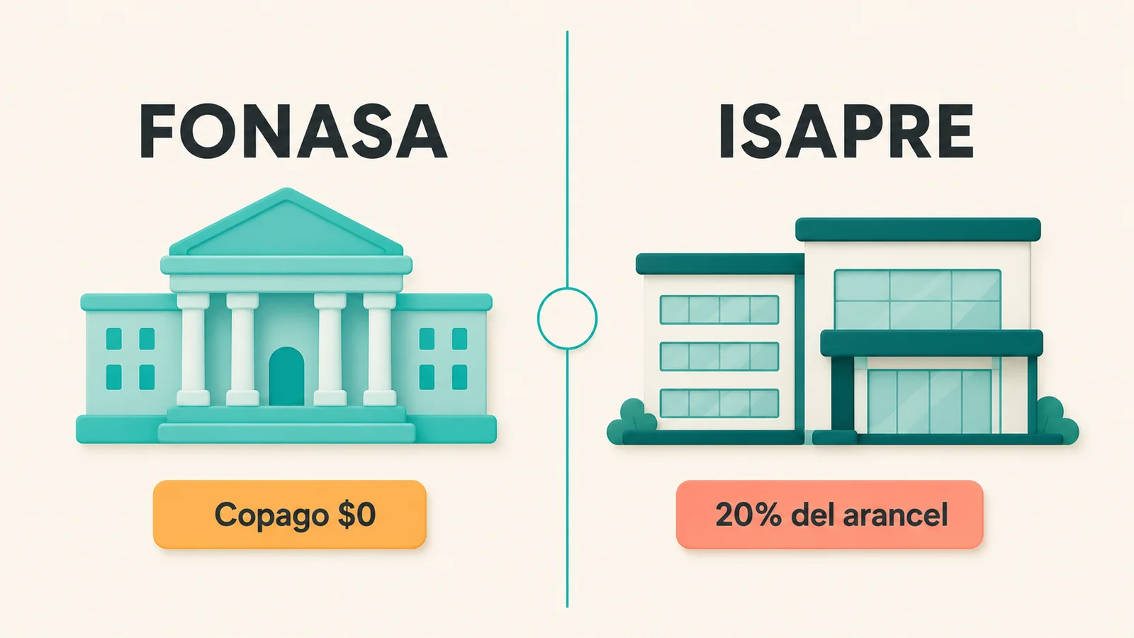 Comparación visual entre FONASA e ISAPRE en el uso del GES para hernia discal lumbar, en estilo editorial flat con dos columnas paralelas
