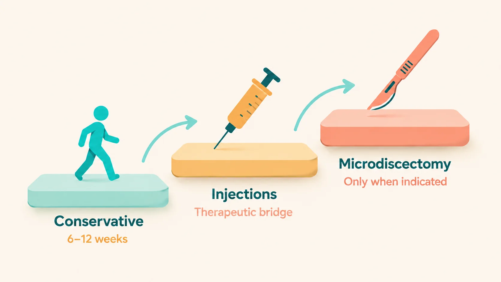 Diagram of L5-S1 herniated disc treatment options ordered from least to most invasive