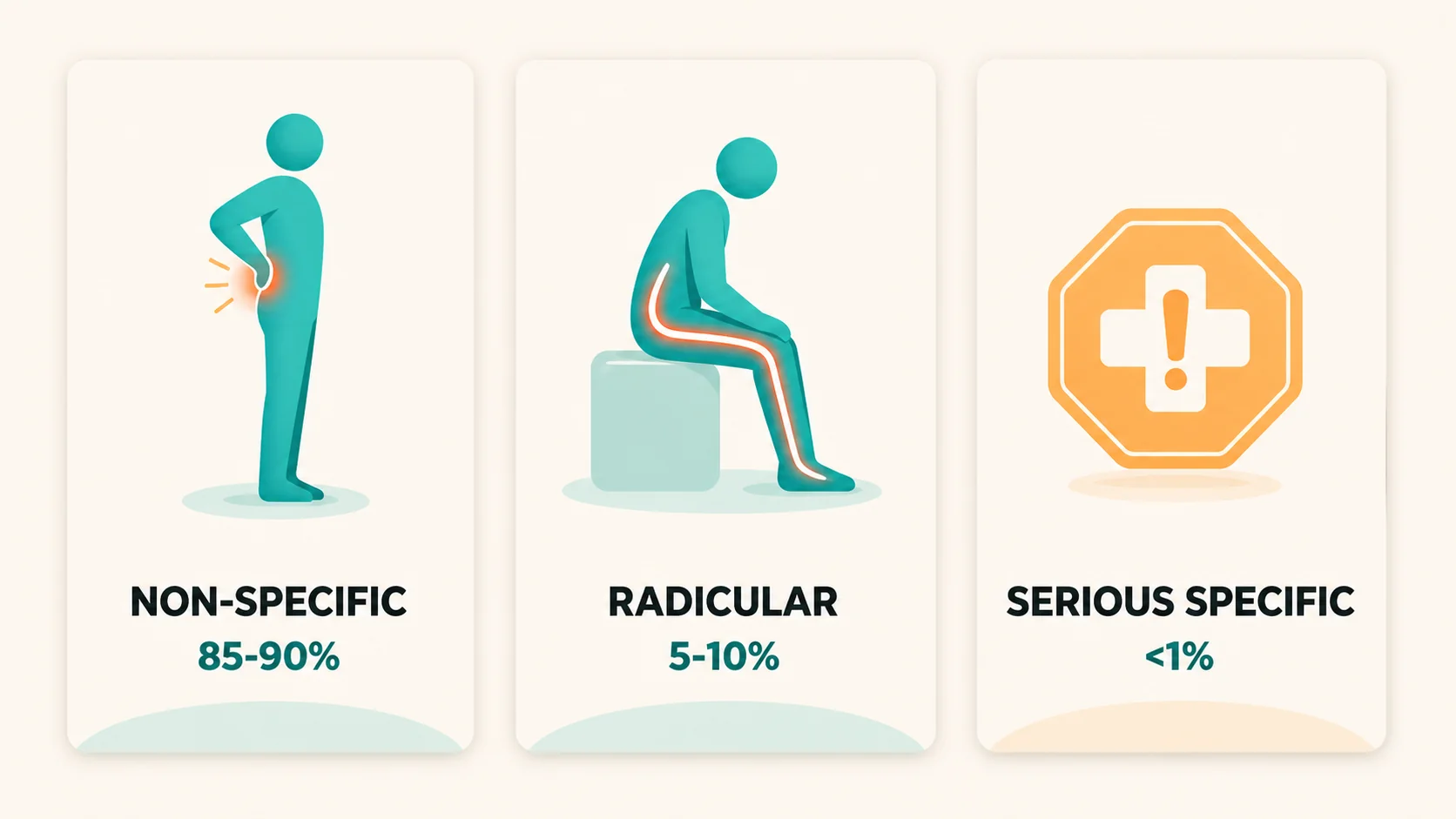 Distribution of low back pain categories: 85-90% non-specific, 5-10% radicular and less than 1% serious specific cause, illustrated in friendly editorial style