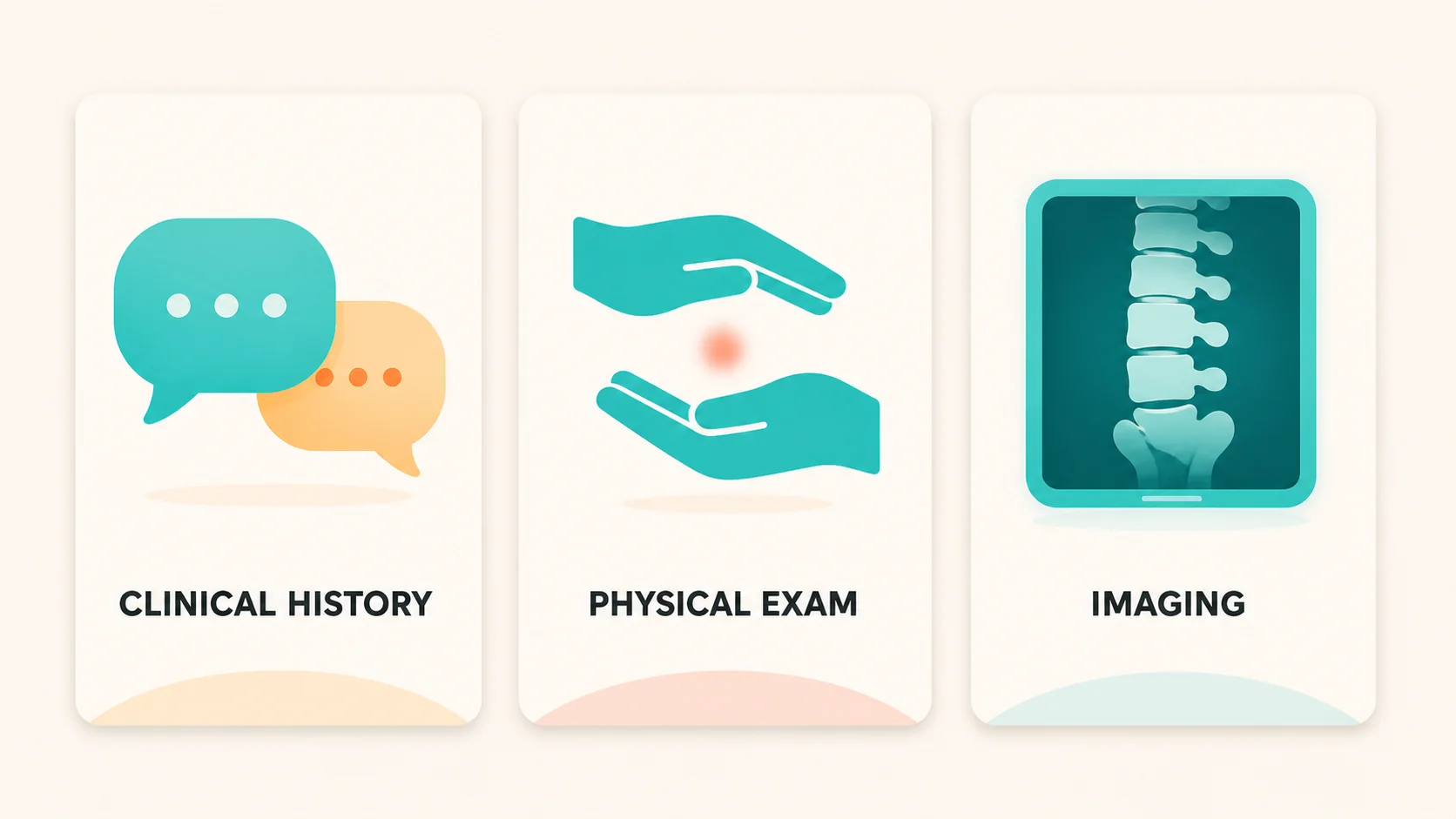 The three diagnostic pillars of low back pain: clinical history, physical exam and imaging, illustrated in friendly editorial style