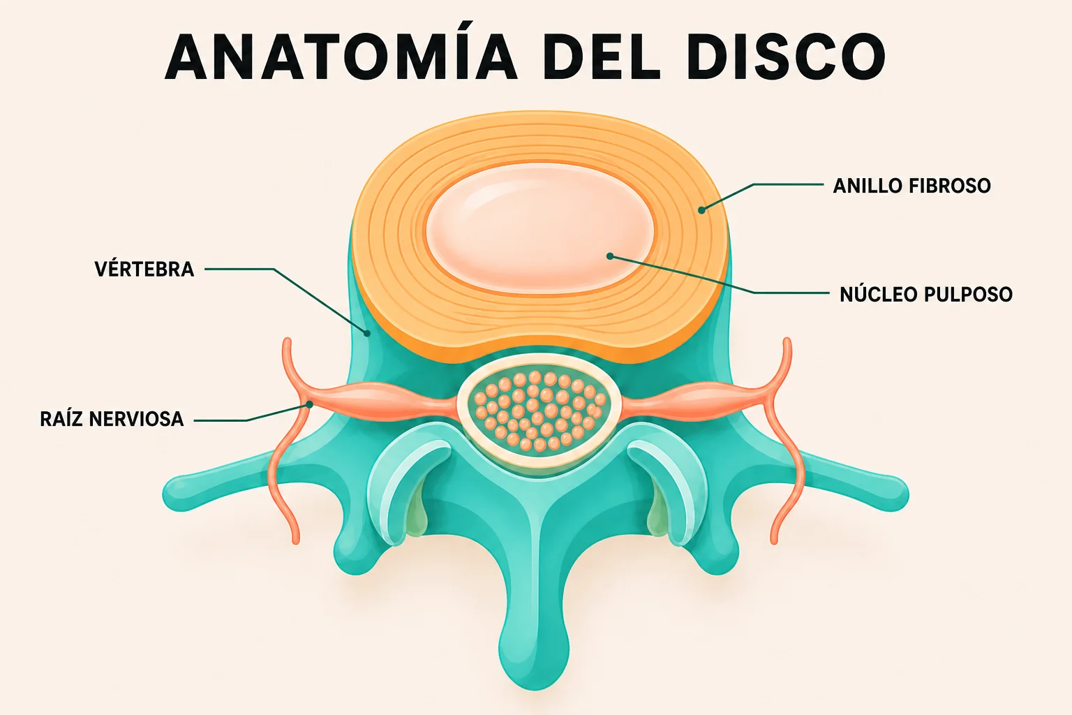 Anatomía del disco intervertebral sano en corte axial: vértebra, anillo fibroso, núcleo pulposo y raíz nerviosa, ilustradas en estilo editorial amigable