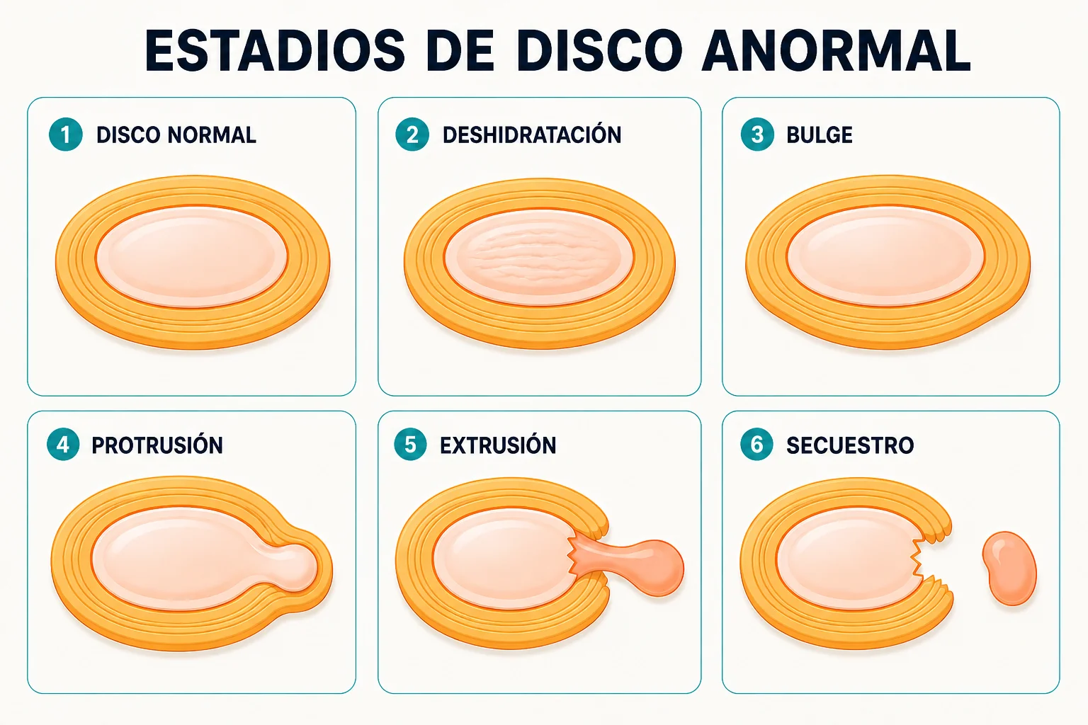 Progresión de la degeneración discal en seis estados: disco normal, deshidratación, bulge, protrusión, extrusión y secuestro, ilustrados en corte axial con estilo editorial amigable