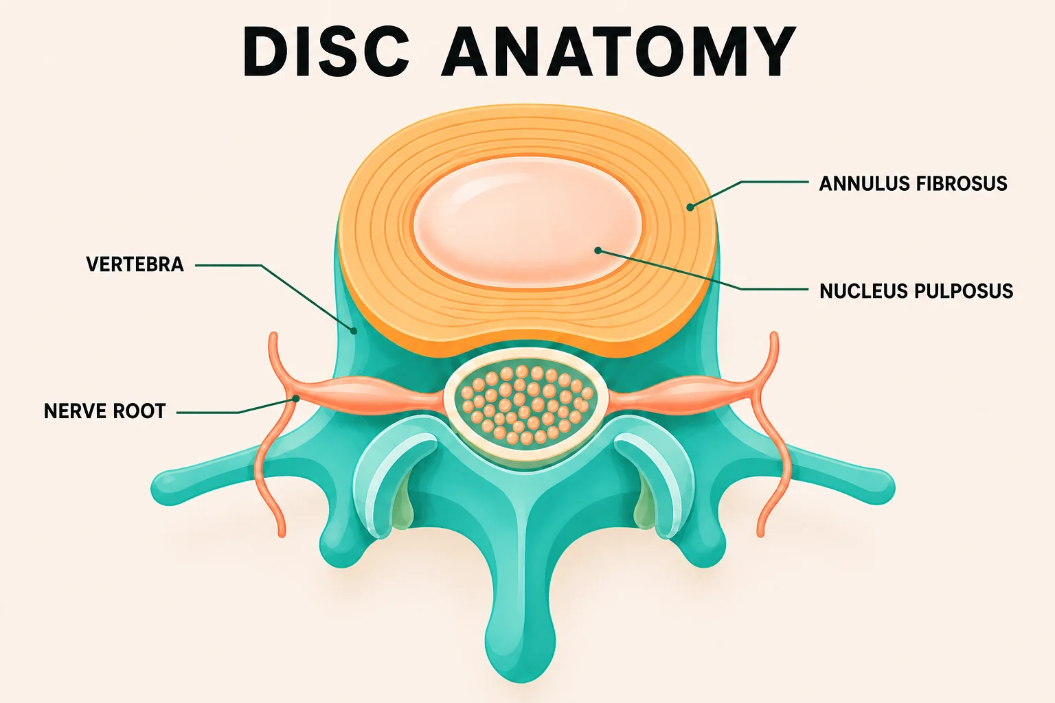 Anatomy of a healthy intervertebral disc in axial cross-section: vertebra, annulus fibrosus, nucleus pulposus and nerve root, illustrated in friendly editorial style