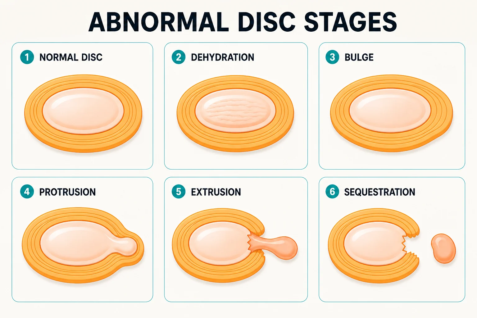 Progression of disc degeneration in six stages: normal disc, dehydration, bulge, protrusion, extrusion and sequestration, illustrated in axial cross-section with friendly editorial style
