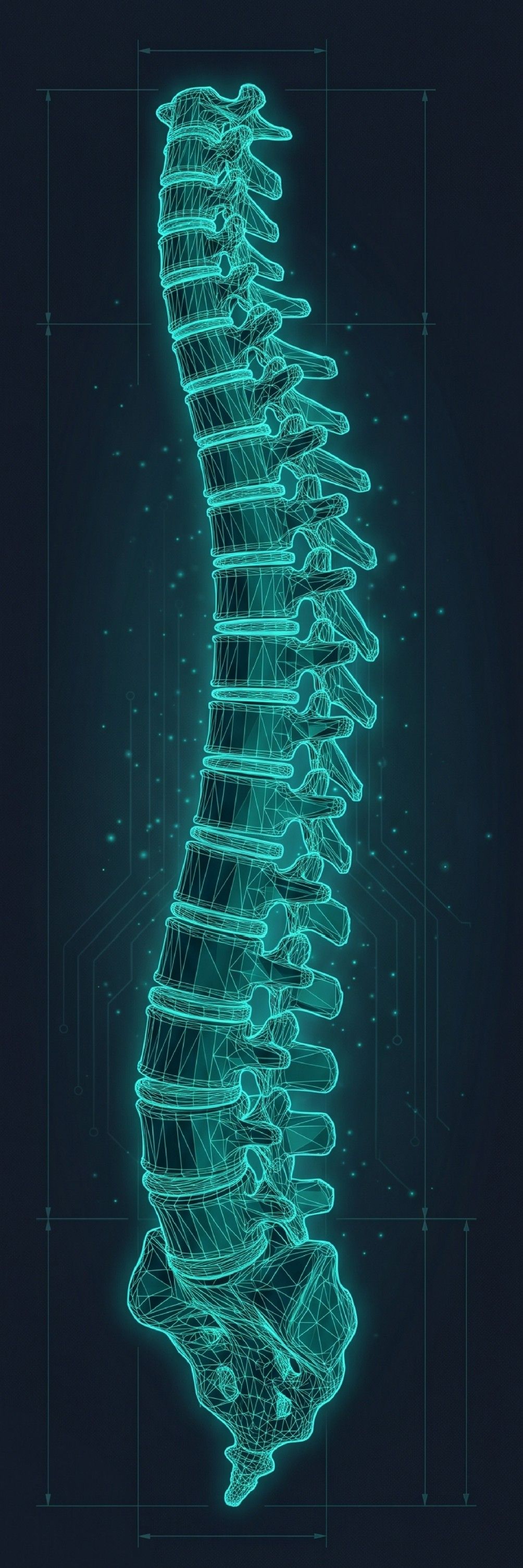 Ilustración de columna vertebral en estilo Structural Blueprint · representación lateral completa con vértebras cervicales, torácicas, lumbares y sacro
